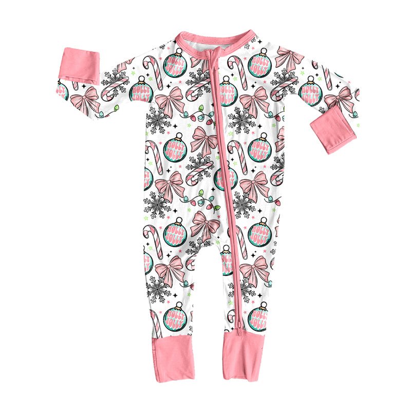 Preorder (moq 5)Baby Girls Bows Candy Cane Christmas Two Way Zip Convertible Rompers