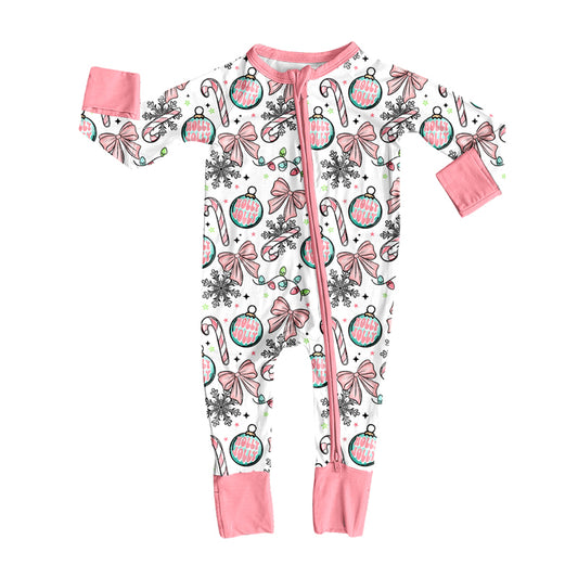 Preorder (moq 5)Baby Girls Bows Candy Cane Christmas Two Way Zip Convertible Rompers