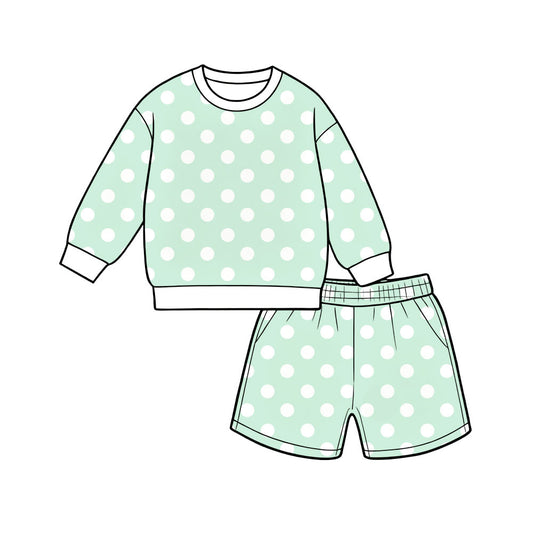 Preorder (moq 5)Baby Girls Green Polka Dots Long Sleeve Top Pockets Short Clothes Set