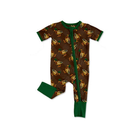 preorder(moq 5) Baby Boys Brown Checked Ducks Hunting Two Way Zip Convertible Rompers