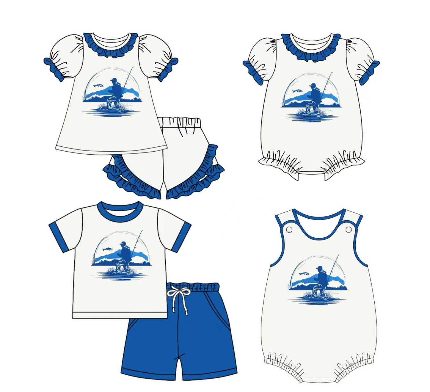 Preorder moq 5 (each item)Baby Kids Gone Fishing Top Shorts Hunting Clothes Sets Rompers