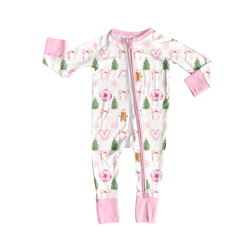 Preorder (moq 5)Baby Girls Long Sleeves Pink Bows Gingerbread Trees Zipper Romper