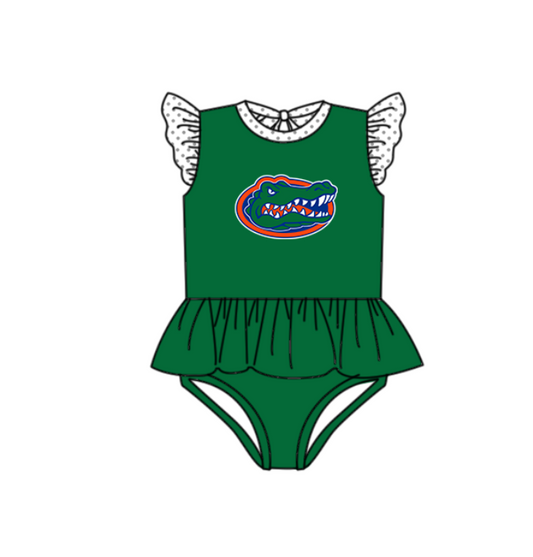 Preorder moq 5 Baby Girls Green Flutter Sleeve Crocodiles Team Swimsuits