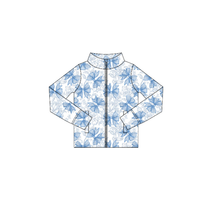 Preorder (moq 5)Baby Girls Long Sleeves Blue Bows Flowers Zipper Pockets Jackets Top