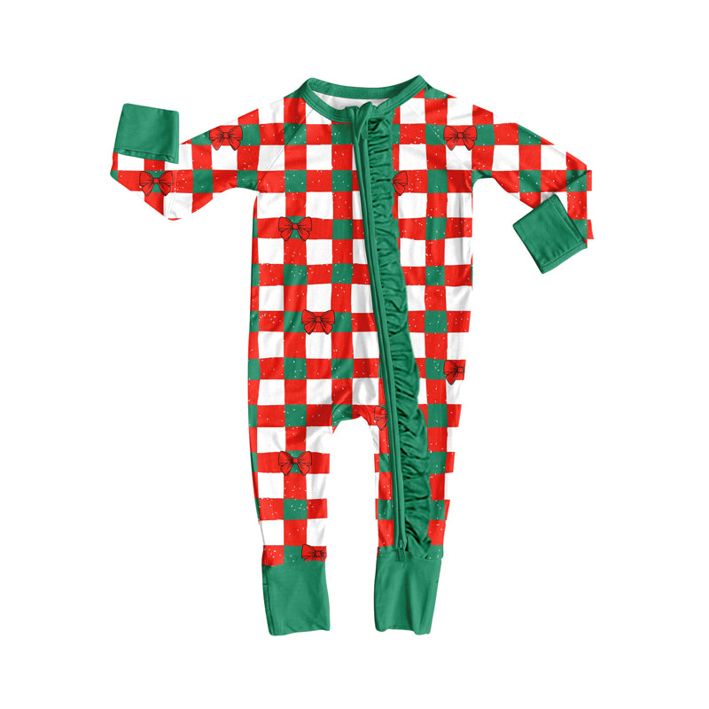 Preorder(moq 5)Baby Girls Red Green Bows Checked Christmas Ruffle Zipper Footie Rompers