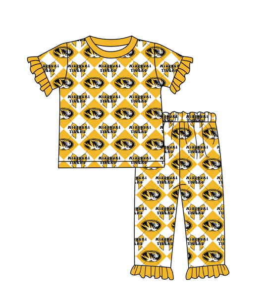 Preorder (moq 5)Baby Girls Team Bows Checked Top Ruffle Pant Clothes Sets