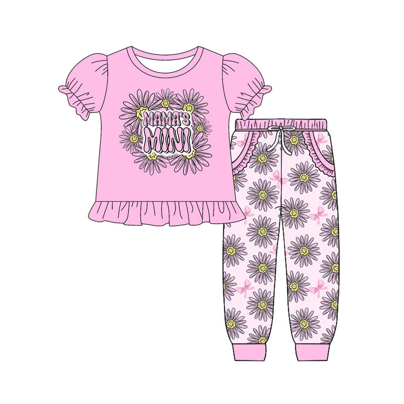 Preorder (moq 5)Baby Girls Pink Sunflowers Mamas Mini Top Pockets Jogger Pants Clothes Sets