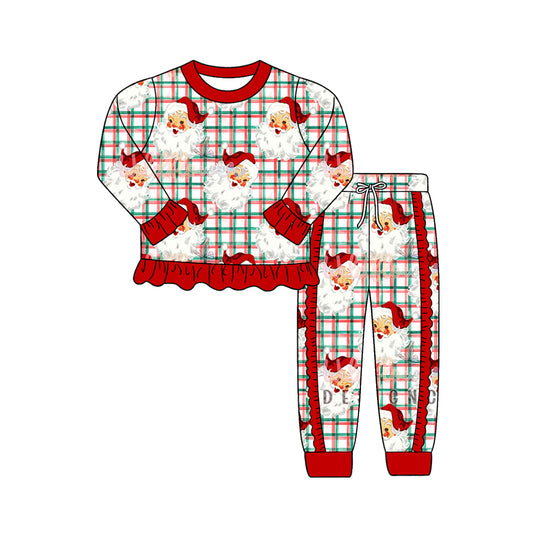 Preorder (moq 5)Baby Girls Green Red Checked Santa Ruffle Top Jogger Christmas Clothes Set