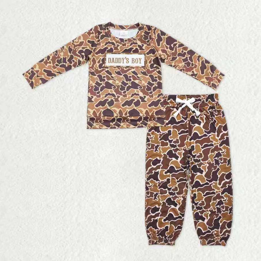 Baby Boys Brown Camo Embroidery Daddy's Boy Shirt Pockets Jogger Pants Hunting Clothes Sets
