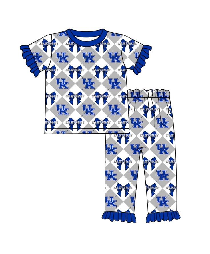 Preorder moq 5 Baby Girls Short Sleeve UK Bows Checked Top Ruffle Pants Team Clothes Set