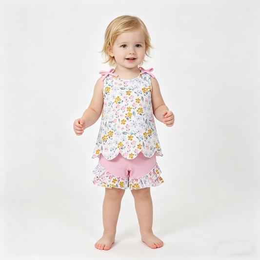 Baby Girls Colorful Flowers Scallop Tunic Ruffle Shorts Clothes Set