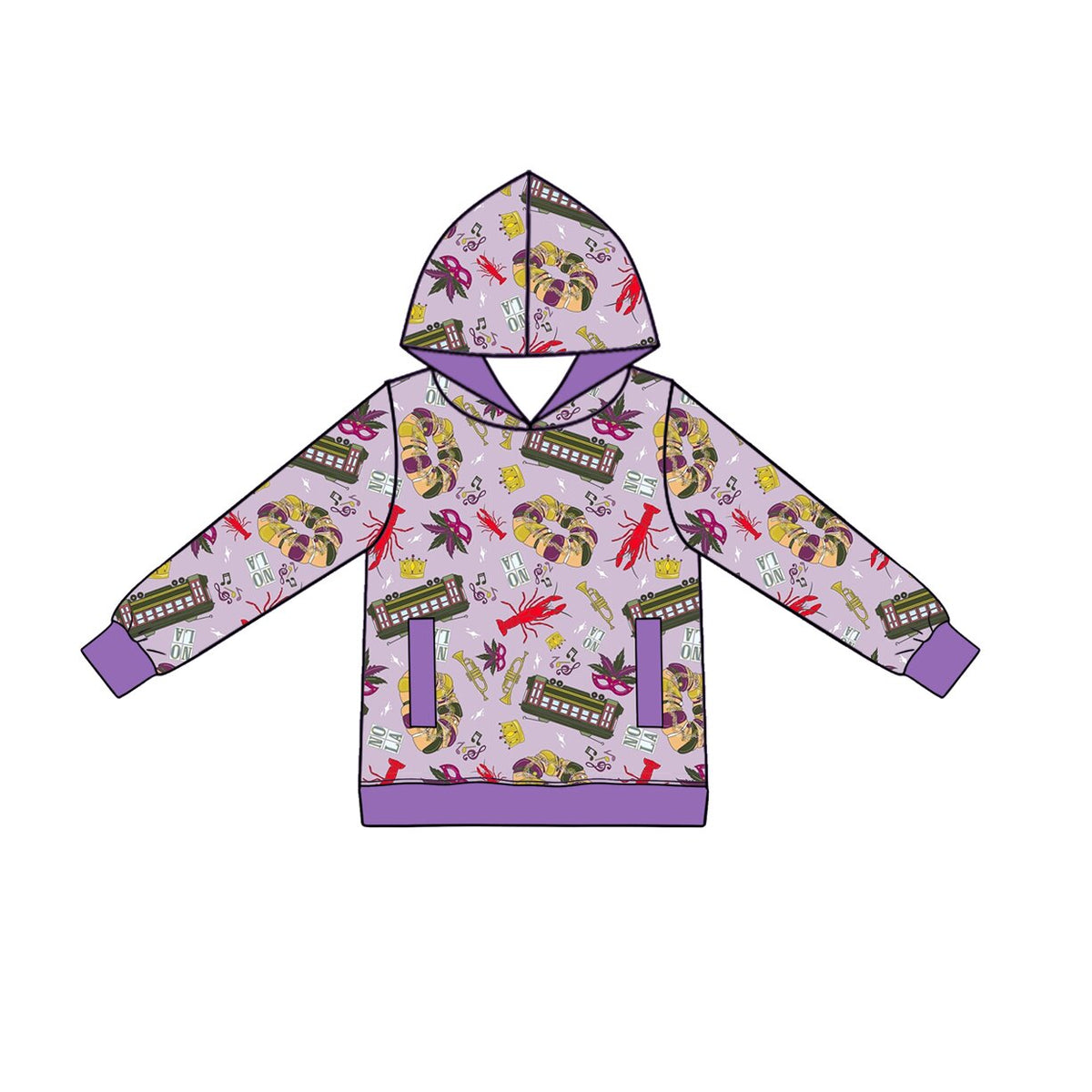 Preorder (moq 5) Baby Boy Clothes Mardi Gras Streetcar Crawfish Print Long Sleeve Hoodie