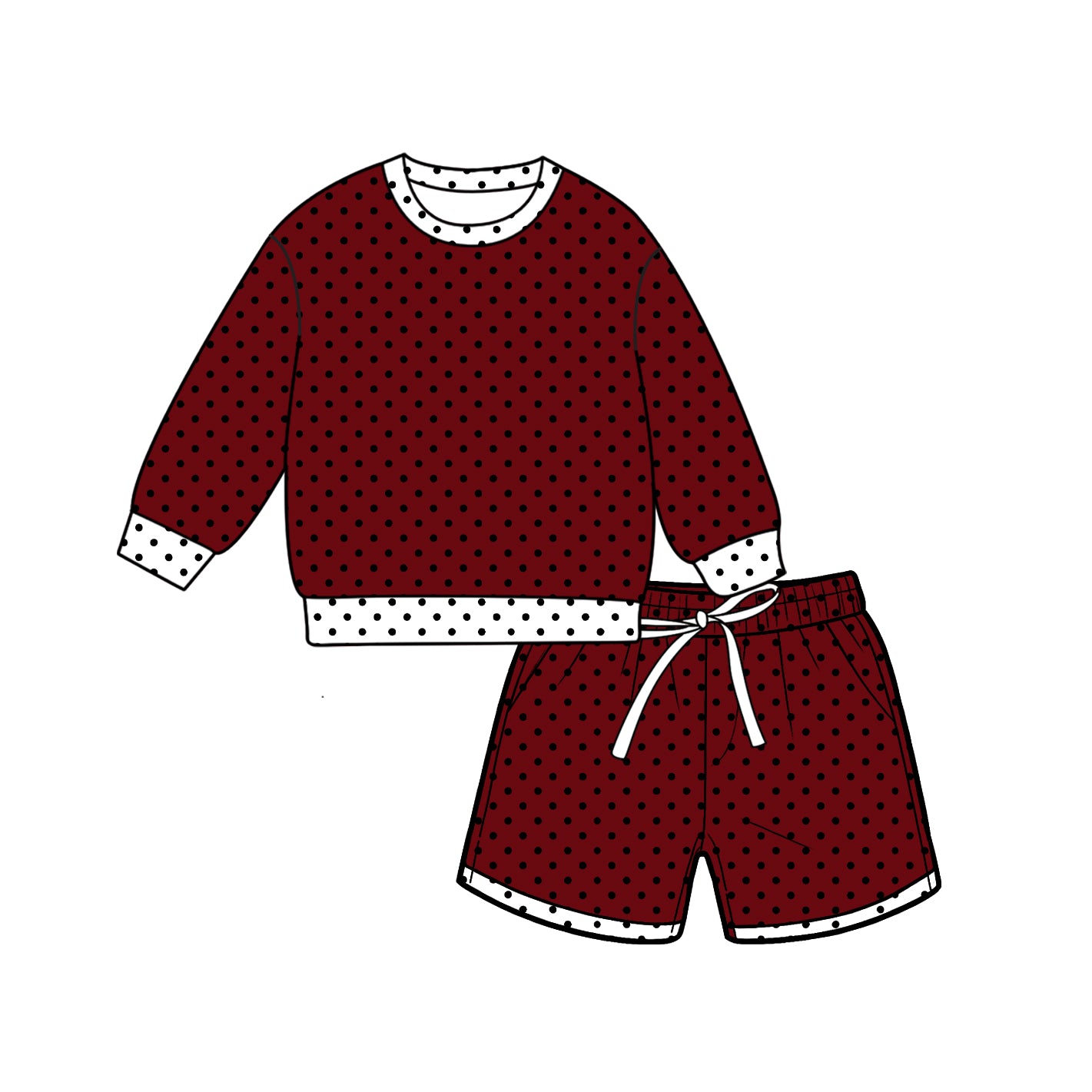 Preorder (moq 5)Baby Girls Maroon Long Sleeve Polka Dots Top Pockets Short Clothes Set