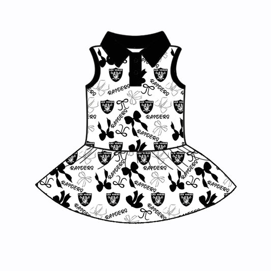Preorder (moq 5)Baby Girls Sleeveless Black Bows Plaid Raiders Button Team Knee Length Dresses