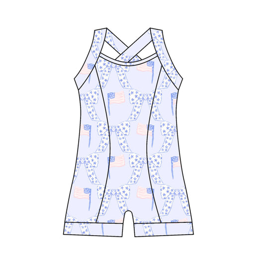 Preorder moq 10 Baby Girls Strap Stars Bows Flags Activity Wear 4th Of July Yoga Jumpsuits