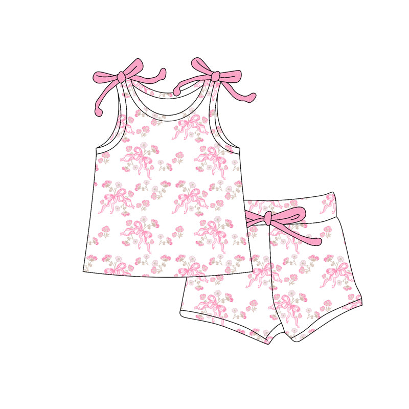 Preorder (moq 5)Baby Girls Sleeveless Pink Bows Flowers Top Shorts With Belt Sets
