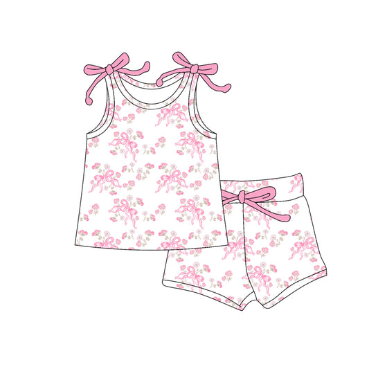 Preorder (moq 5)Baby Girls Sleeveless Pink Bows Flowers Top Shorts With Belt Sets