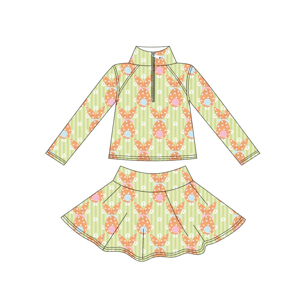 Preorder moq 5 Baby Girls’ White Floral & Orange Candy Bag Print Zip Pullover Top & Skirt Set, Mardi Gras Yoga Activewear Outfit