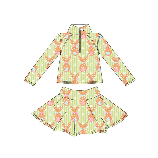 Preorder moq 5 Baby Girls’ White Floral & Orange Candy Bag Print Zip Pullover Top & Skirt Set, Mardi Gras Yoga Activewear Outfit
