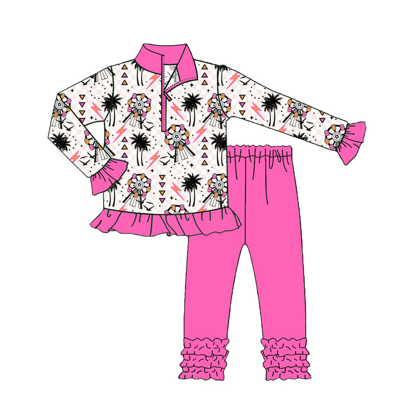 preorder(moq 5) Baby Girls Long Sleeves Pink Windmills Beach Zipper Top Legging Pants Set