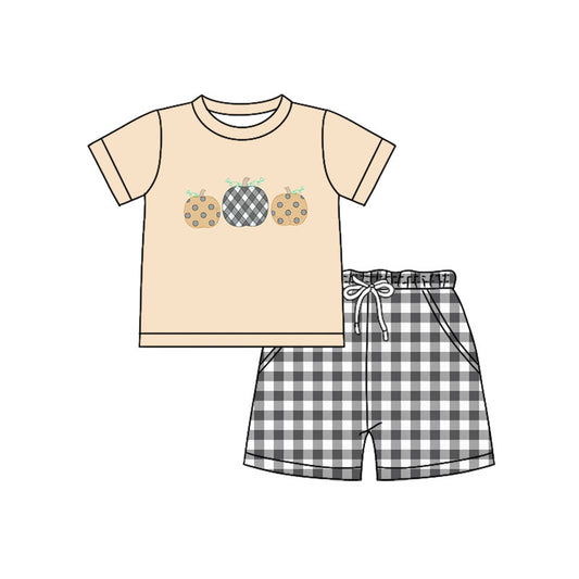 Preorder (moq 5)Baby Boys Khaki Short Sleeves Pumpkins Top Gray Plaid Pockets Shorts Set