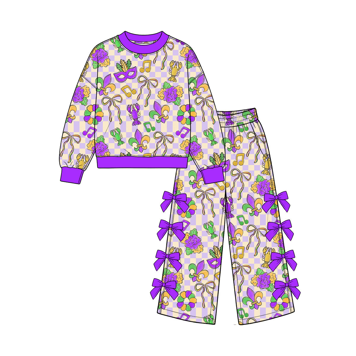 Preorder (moq5) Baby Girls Mardigras Masks Top Bows Pockets Flare Pant Clothes Set