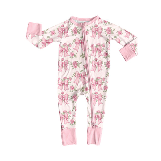 Preorder(moq 5)Baby Kids Pink Flowers Bows Plaid Zipper Pant Rompers
