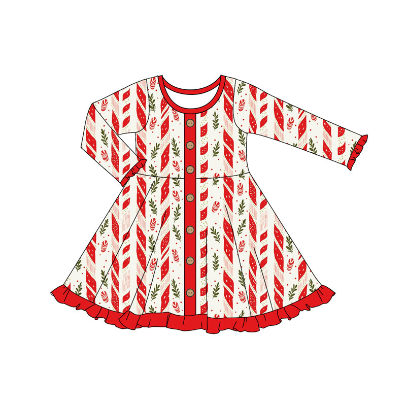 Preorder (moq 5)Baby Girls Long Ruffle Sleeves Red Candy Cane Button Knee Length Dresses