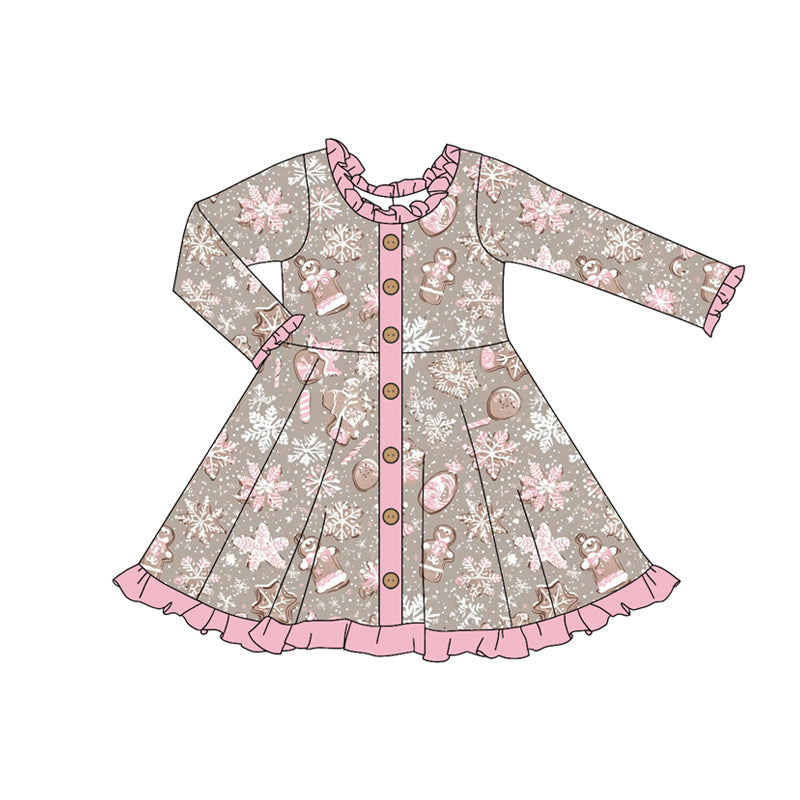 Preorder (moq 5)Baby Girls Long Ruffle Sleeves Gingerbread Snowflake Knee Length Dresses