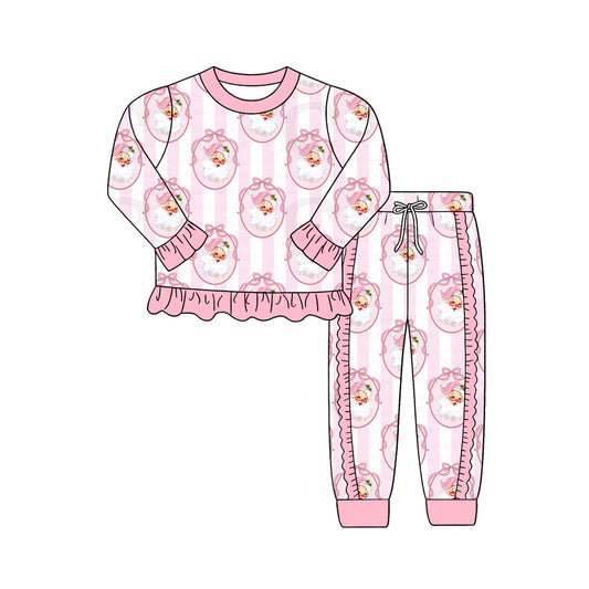 Preorder (moq 5)Baby Girls Pink Stripe Bows Santa Ruffle Top Jogger Christmas Clothes Set