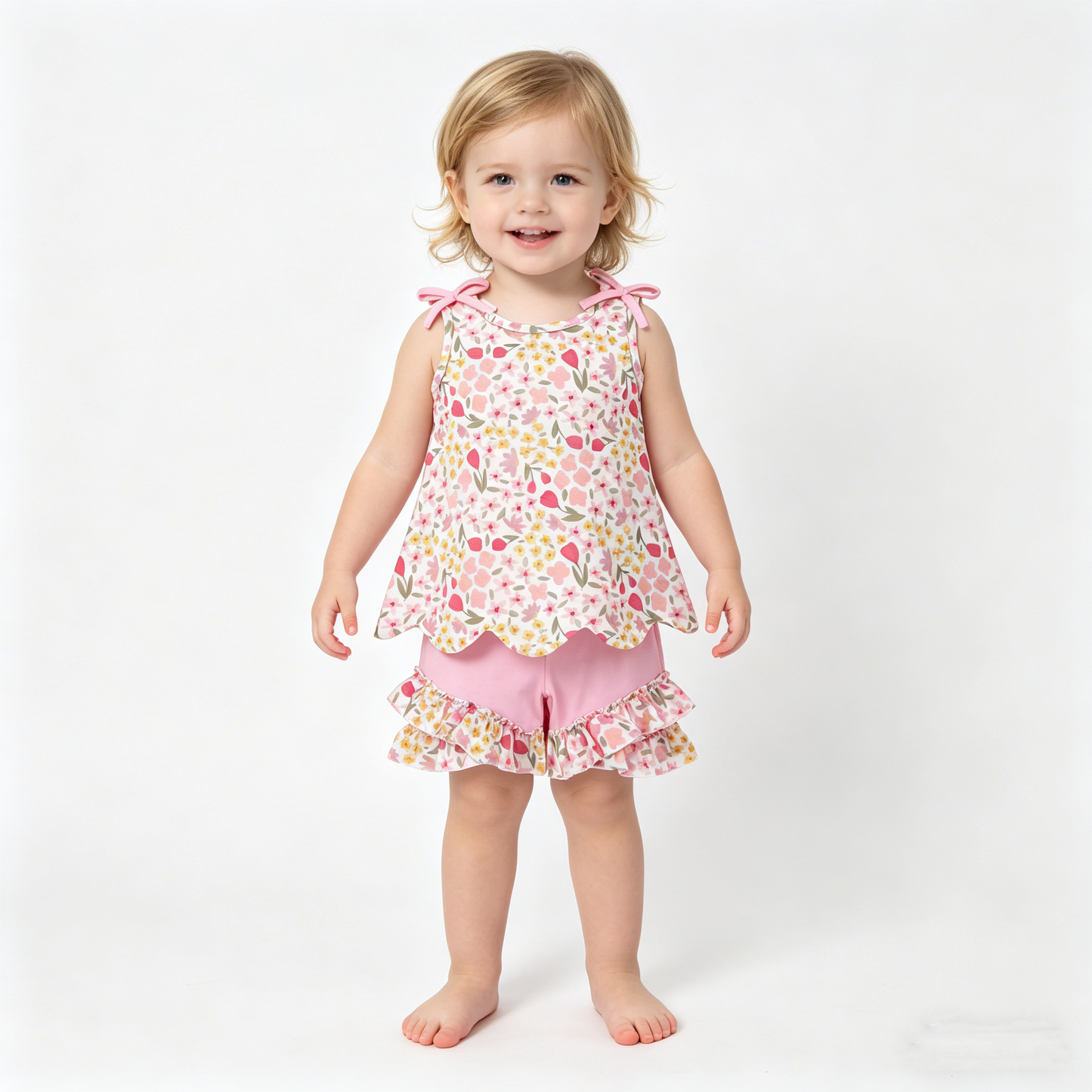 Baby Girls Colorful Flowers Scallop Tunic Ruffle Shorts Clothes Set