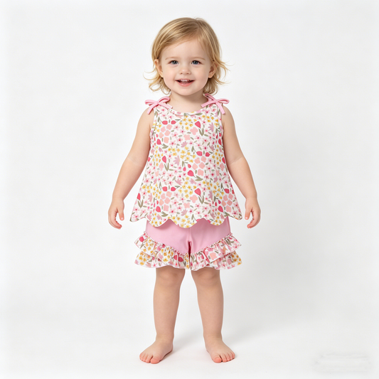 Baby Girls Colorful Flowers Scallop Tunic Ruffle Shorts Clothes Set