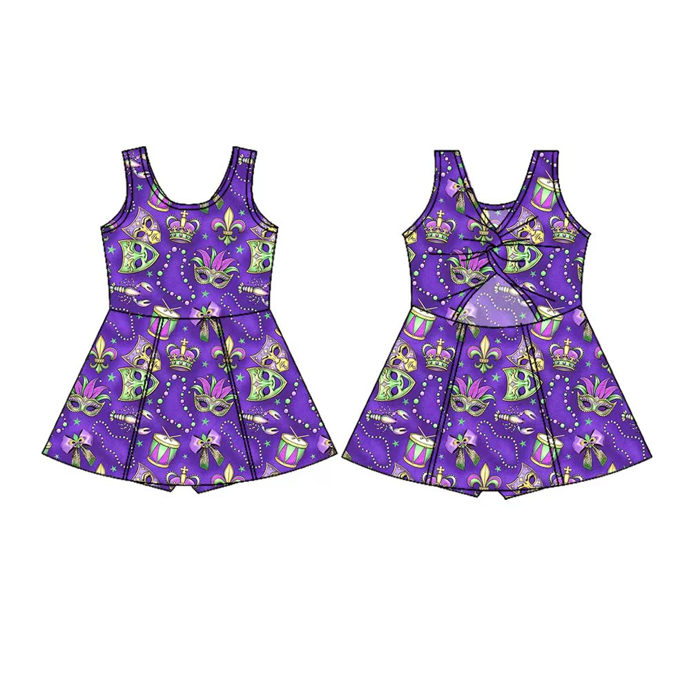 Preorder(moq 5) Baby Girls Sleeveless Mardigras Masks Crowns Shorts Knee Length Dresses