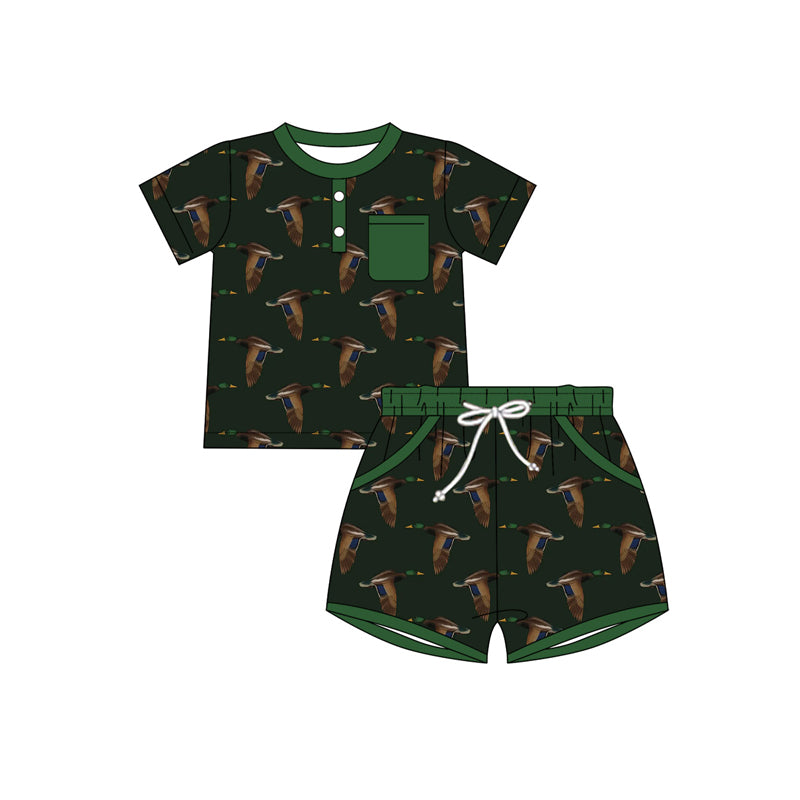 Preorder (moq 5)Baby Boys Green Ducks Button Top Pockets Shorts Hunting Clothes Sets