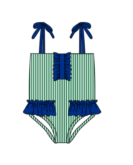 Preorder moq 5 Baby Girls Strap Green Stripe Team Swimsuits