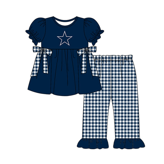 Preorder (moq 5)Baby Girls Stars Bows Tunic Checked Ruffle Pants Team Clothes Sets