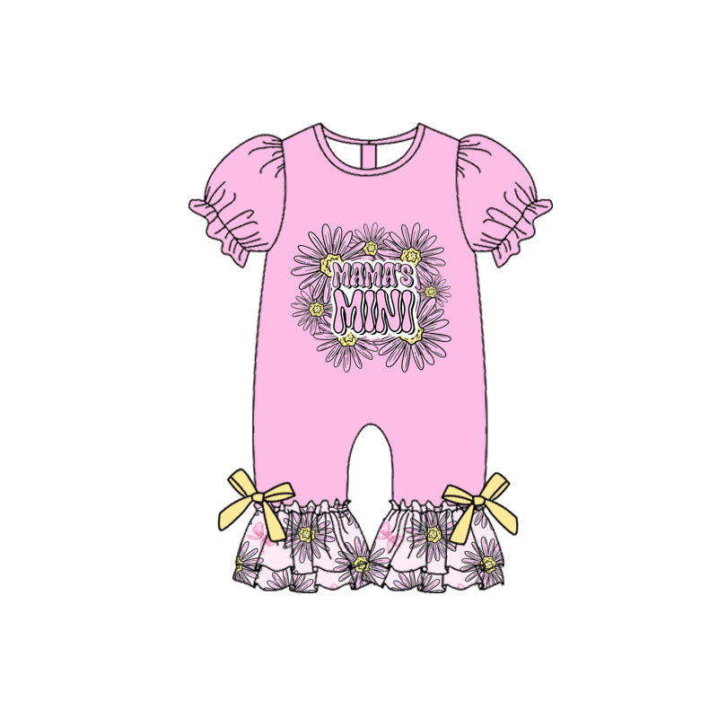 Preorder (moq 5)Baby Girls Pink Sunflowers Bows Mamas Mini Ruffle Footie Rompers