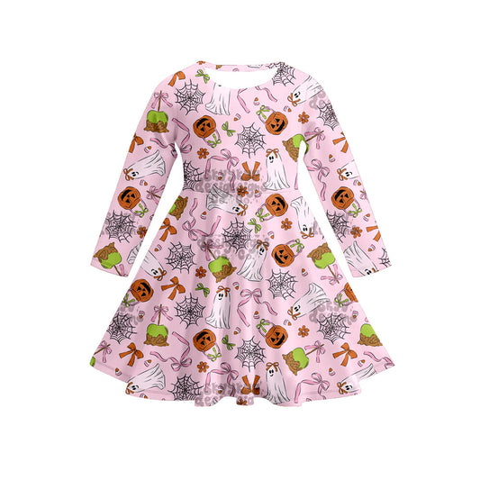 Preorder (moq 5)Baby Girls Long Sleeves Pink Bows Ghost Pumpkins Plaid Knee Length Dresses