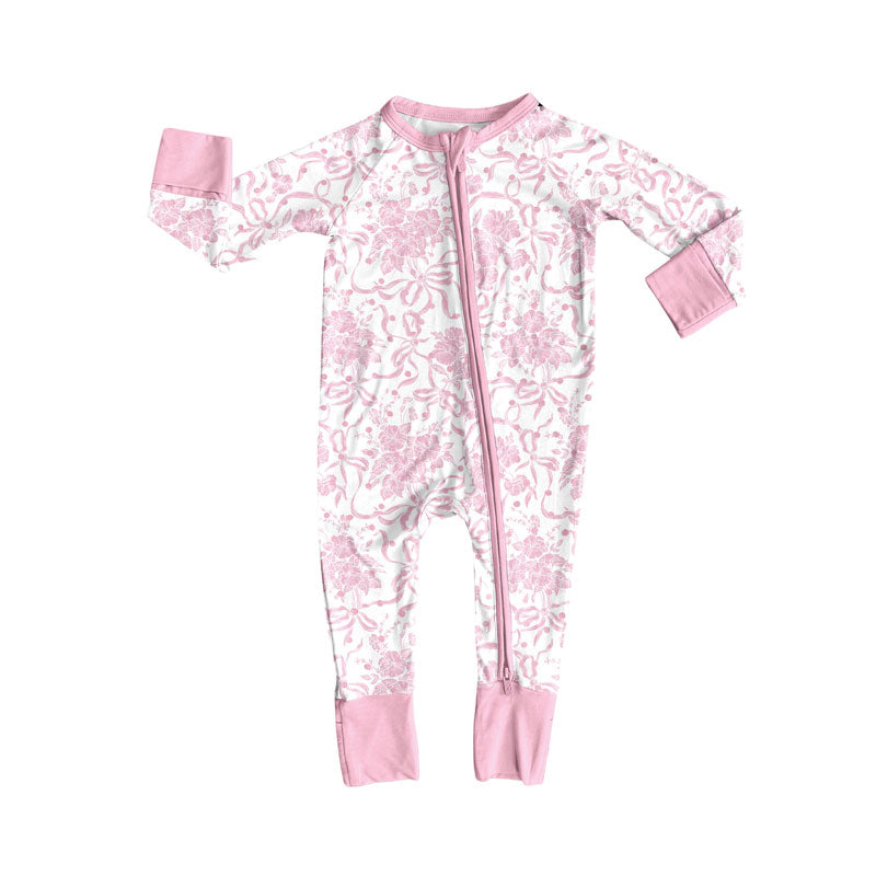 Preorder(moq 8)Baby Girls Pink Flowers Bows Long Sleeve Zipper Footie Rompers