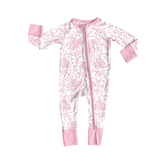 Preorder(moq 8)Baby Girls Pink Flowers Bows Long Sleeve Zipper Footie Rompers
