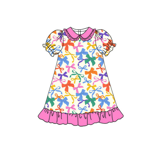 Preorder(moq 5) Baby Girls Short Sleeve Colorful Bows Collar Ruffle Knee Length Dresses