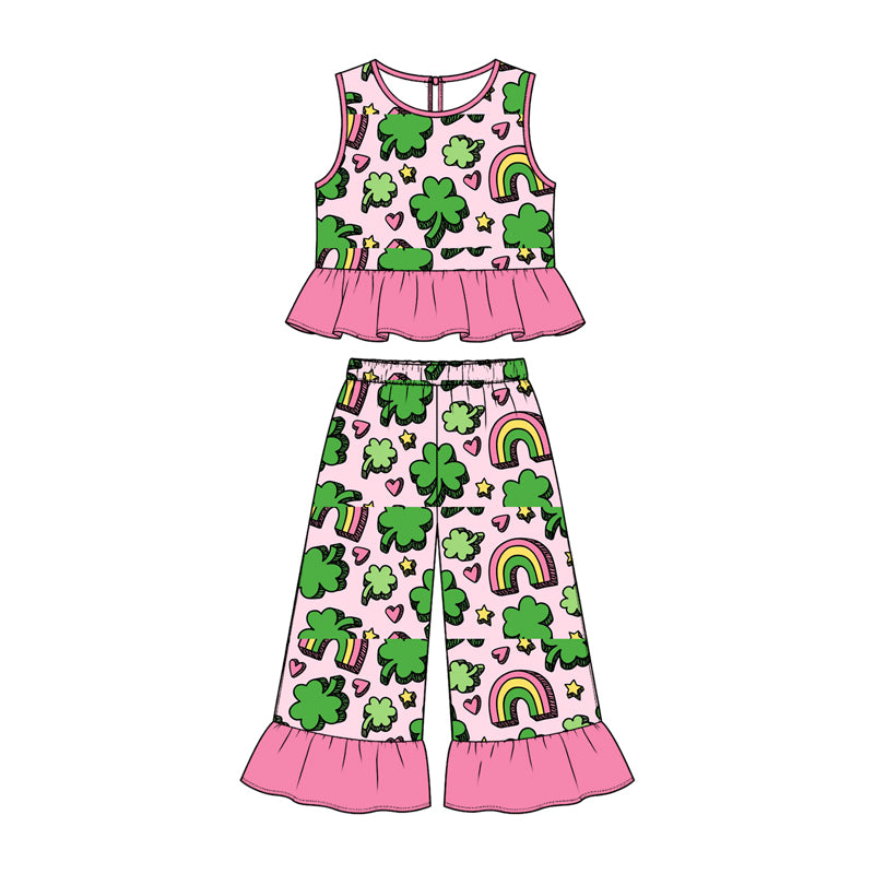 Preorder (moq 5) Baby Girl Clothes St Patrick's Day Rainbow Clover Heart Cartoon Print Sleeveless Ruffle Top Flare Pant Set