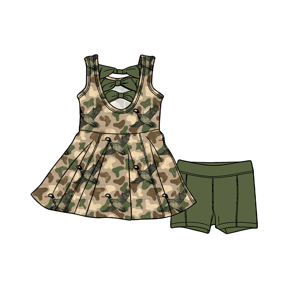 Preorder moq 5 Baby Girls Sleeveless Green Ducks Camo Tunic Shorts Hunting Clothes Set