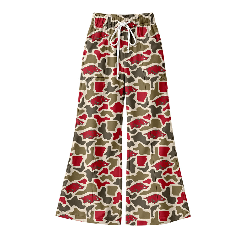 Preorder (moq 5) Women Clothes Arkansas Red Brown Camo Hog Print High Waist Flare Bell Bottom Pant