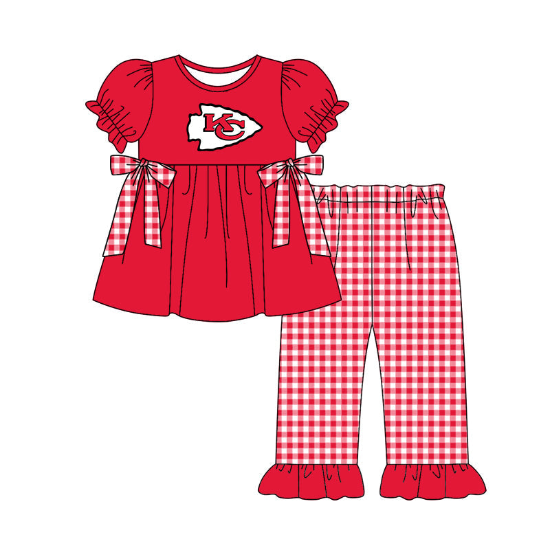 Preorder (moq 5)Baby Girls KC Bows Tunic Checked Ruffle Pants Team Clothes Sets
