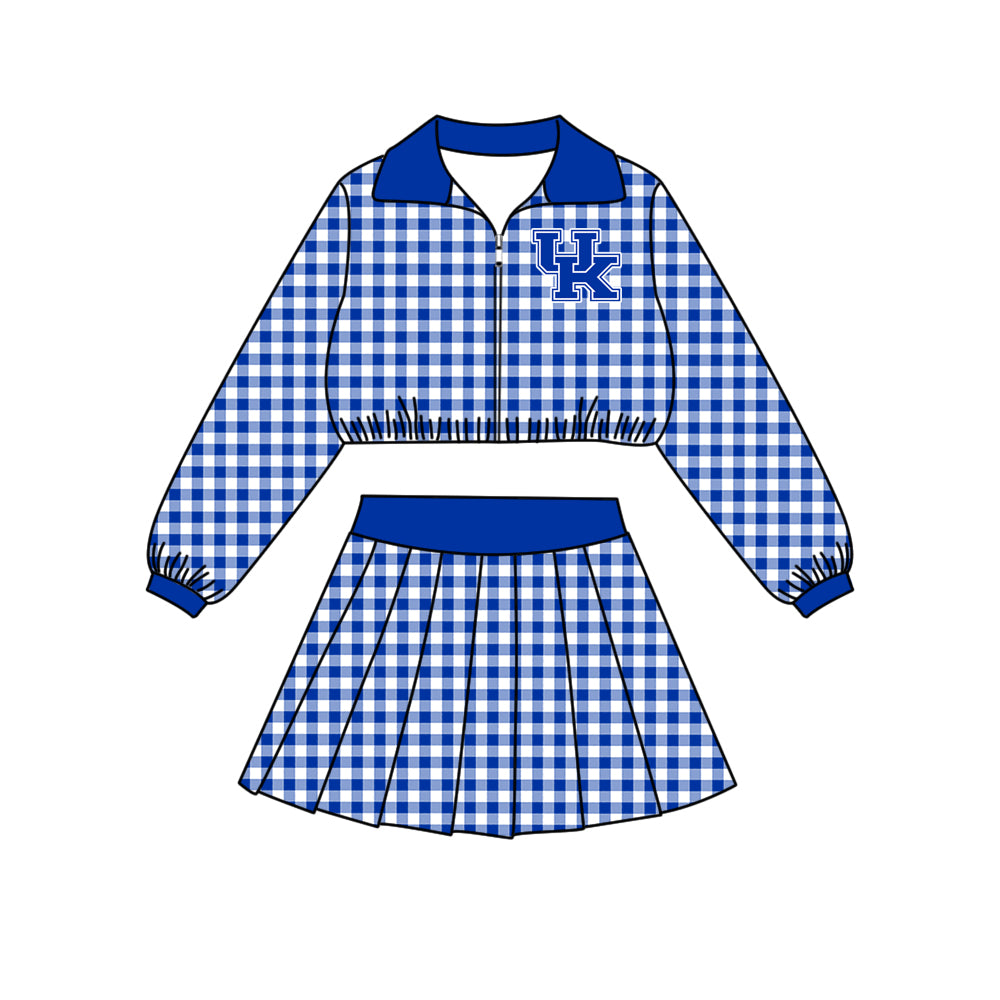 Preorder (moq 5) Girls’ Team Blue Plaid Collared Long-Sleeve Zip-Up Jacket & Matching Pleated Skirt 2-Piece Set