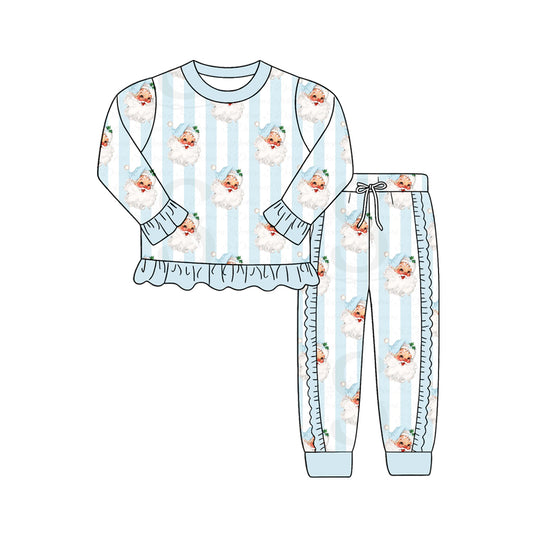 Preorder (moq 5)Baby Girls Blue Stripe Santa Ruffle Top Jogger Christmas Clothes Set