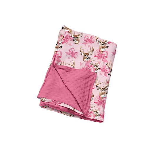 Preorder (moq 5) Baby Girl Clothes Deer Head Pink Bow Mixed Print Minky Dot Backing Baby Swaddle Blanket