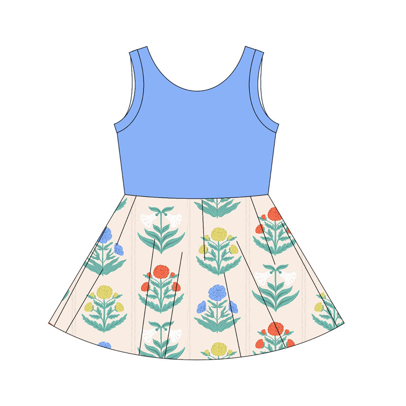 Preorder moq 10 Baby Girls Blue Sleeveless Top Flowers Patchwork Knee Length Dresses