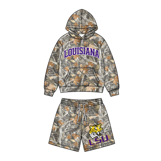 Preorder (moq 5) Baby Boys Leaves Camo Louisiana Pocket Hoodie Short Team Clothes Sets